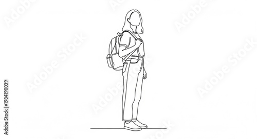 Line Art Drawing of a Person with Backpack Standing Profile View.