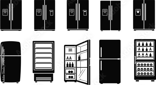 Vector collection of minimalist black and white refrigerator icons featuring various fridge models like side by side double door and open coolers isolated on white