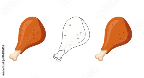 Set of three vector illustrations of fried chicken drumsticks on a white background including two full color versions and one black and white line art outline for coloring.