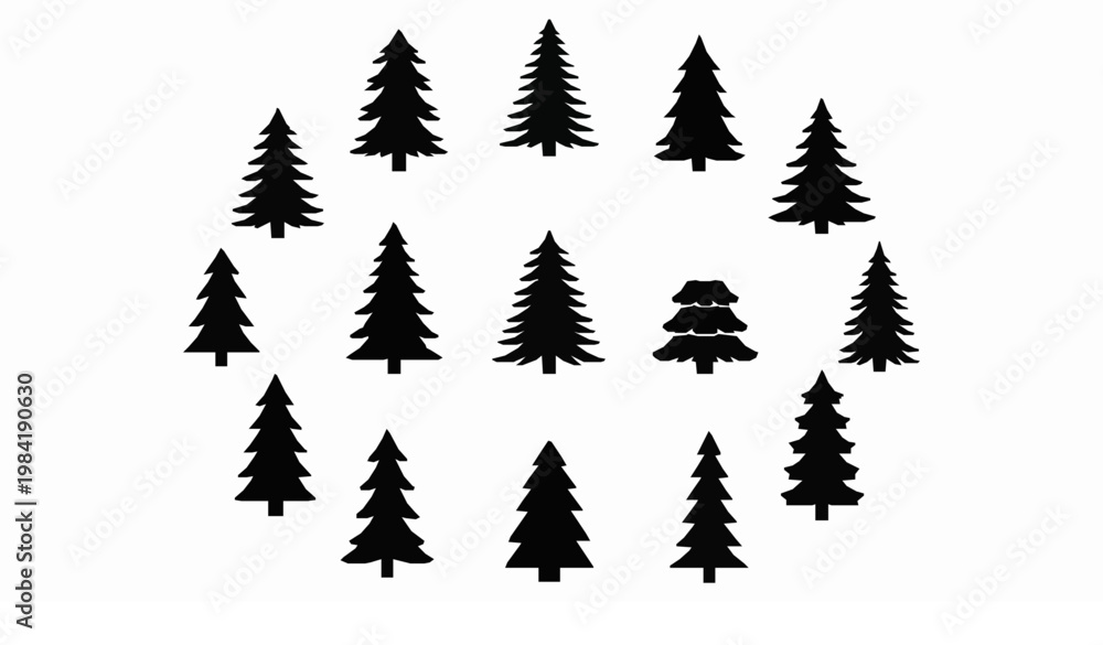 Fototapeta premium Black Christmas tree collection with pine fir holiday silhouette icons