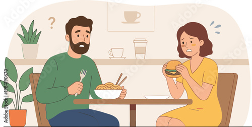 Couple sits at a restaurant table eating noodles with surprised expressions.