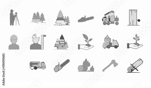 Forestry outline icon bundle with logging truck chainsaw and tree conservation