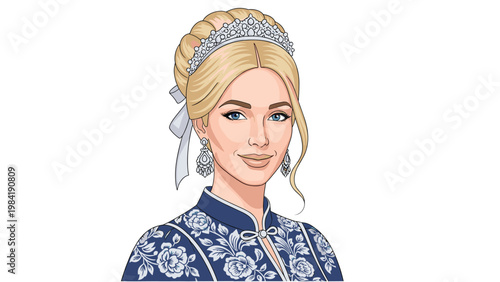 Portrait of a beautiful blonde woman with an elegant hairstyle wearing a silver tiara and a blue patterned dress with white floral patterns.