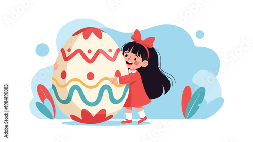 Little girl with a red bow in her hair happily hugs a giant decorated Easter egg adorned with colorful zigzags and floral patterns.