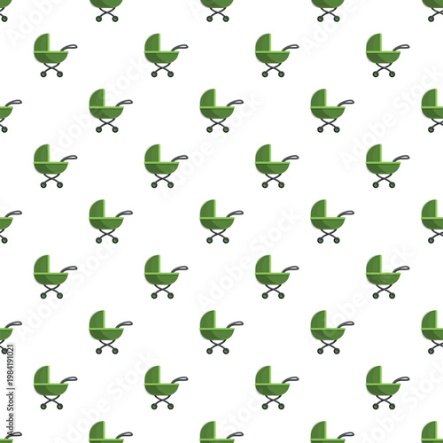 Green baby carriages creating a repeating pattern on a white background