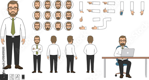 business man character construction kit with diverse facial expressions hand gestures and office desk poses for corporate animation and professional explainer videos isolated on white background.