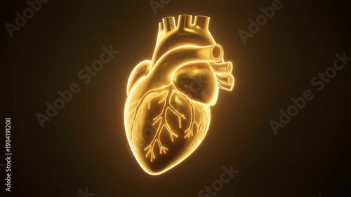 Glowing golden anatomical heart with branching vessels, luminous against dark background, symbolizing vitality, energy, and life force.