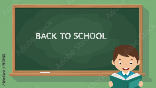 Cute schoolboy reads a book in front of a green chalkboard featuring the text back to school in a bright classroom illustration.