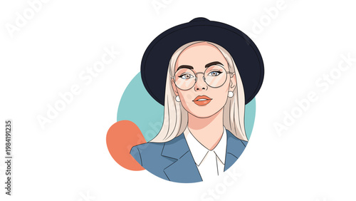 Stylish young woman with platinum blonde hair wearing a wide-brimmed hat and round glasses poses against an abstract background.