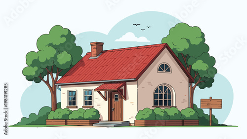 Charming small house with a red roof stands nestled among lush green trees under a clear sky, featuring a wooden sign in the yard.