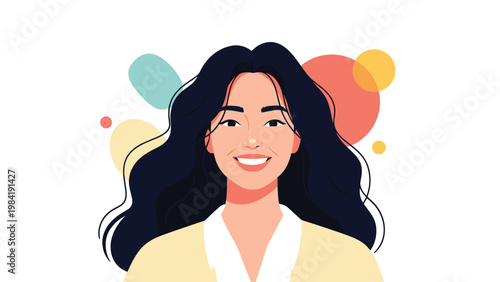 Radiant woman with long dark wavy hair smiles warmly at the viewer, presented against a soft background with colorful geometric shapes.