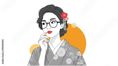Thoughtful woman with glasses and an elegant bun wears a grey floral kimono and touches her chin while looking away in contemplation.