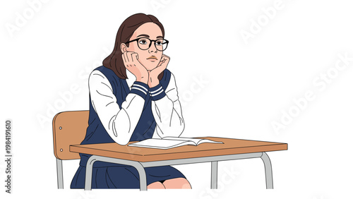 Focused girl student in a blue school uniform sits at her desk with an open book, resting her chin on her hands while thinking deeply.