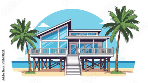 Modern beach house with large glass windows and a slanted roof stands on stilts on the sand between two tall tropical palm trees.