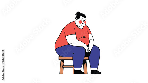 Sad and lonely overweight woman wearing a red shirt and blue pants sits slumped on a small wooden stool against a plain white background.