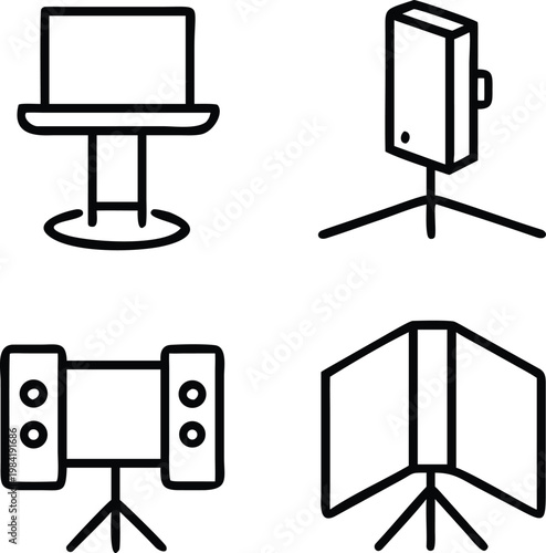 Modern minimalist style drawing of equipment set for photographers, consisting of a tripod, reflector panel and a light stand, highlighting equipment commonly employed in photography studios.