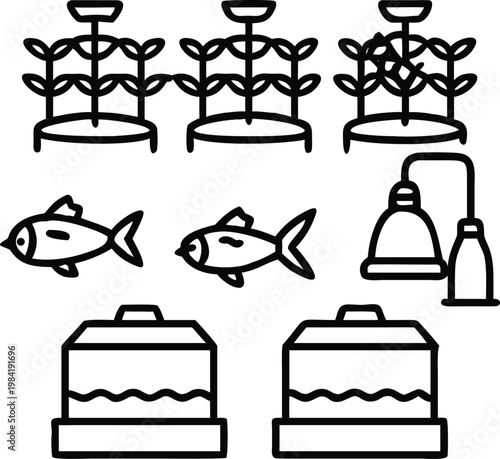 Modern monochrome illustrations of aquatic ecosystems, aquariums, fish, plants, and hydroponic systems.