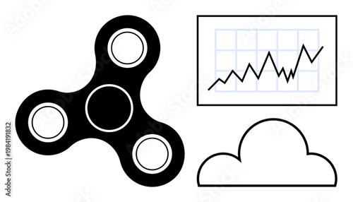 Business trends, data analysis, playful design, technology concepts, growth, innovation. Spinner icon, a cloud image and a graph with a rising trend. Data analysis and playful design theme