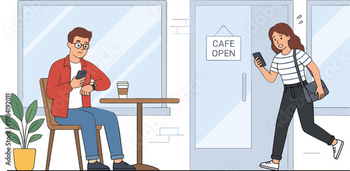 A man sits at a table outside a cafe while a woman walks by.