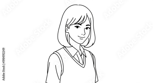 Line Art Drawing of a Young Woman with Short Hair.