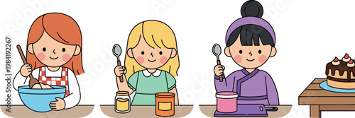 Cute girls baking and cooking dessert with ingredients and cake preparation isolated cartoon vector illustration set for kids activity