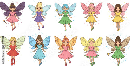 Cute fairy characters collection with colorful wings magical girls in different dresses fantasy cartoon vector illustration set