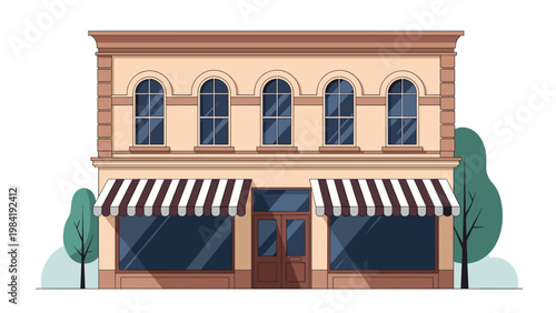 Elegant brick commercial building featuring large storefront windows and striped awnings on a peaceful tree lined town street.