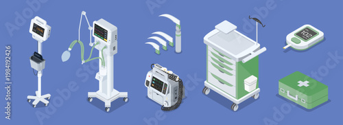 A set of medical equipment ; Defibrillator, Glucometer, Emergency cart, Ventilator, Vital sign monitor, and Fiber optic laryngoscope in isometric vector design.	
