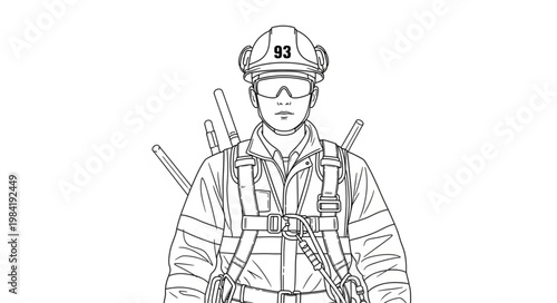 Line Art Illustration of a Firefighter in Full Gear.