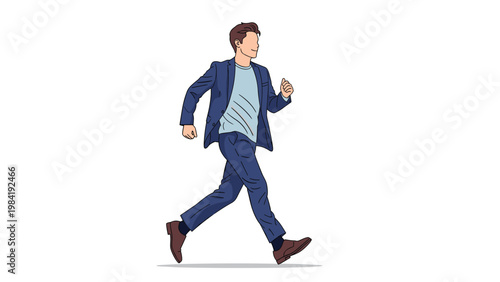 Young professional man in a navy blue suit and light gray shirt running with purpose and energy on a blank white background.