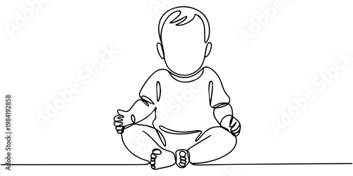 baby  continuous one line drawing, Baby boy sitting in continuous line art drawing style. Cute toddler child black linear sketch isolated on white background. Vector illustration