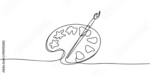 brush and painting palette continuous one line drawing, continuous one  line art drawing Palette with paints and brush vector illustration, Paint palette and art brush continuous one line drawing 