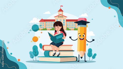 Student girl reading a storybook while sitting on a large stack of books in front of her school building and floating planets.