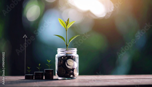 Young plant sprouting from jar of coins on wooden table in soft sunlight