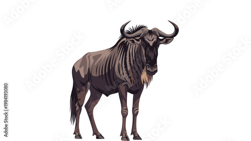 Large blue wildebeest standing proudly against a white background represents the wild beauty of the African savannah plains.