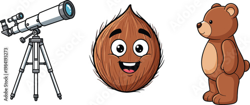 Telescope astronomy instrument cute coconut character and teddy bear cartoon vector illustration collection