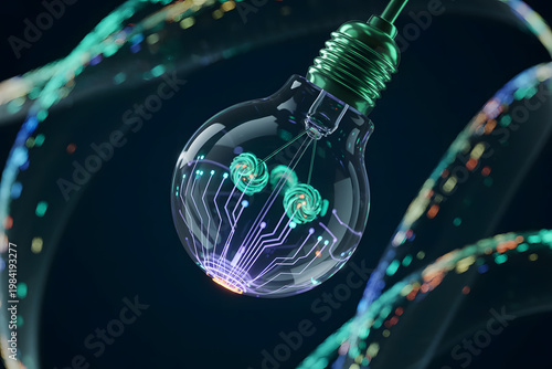Flickering light bulb with water drops on an abstract blue bubble background