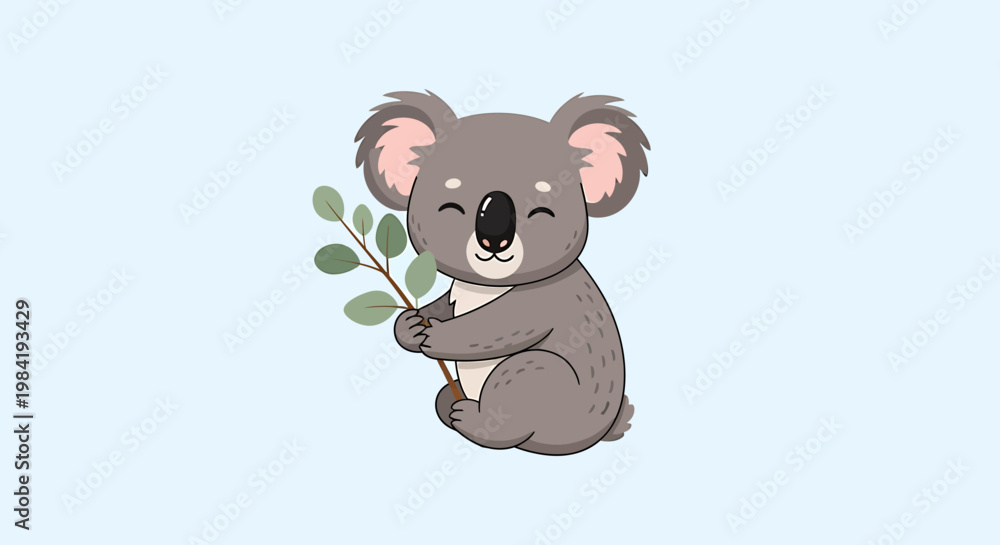 Fototapeta premium Cute Koala Holding Eucalyptus Leaf.