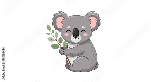 Cute Koala Holding Eucalyptus Leaf.