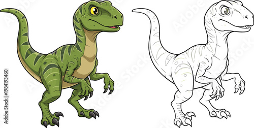Velociraptor dinosaur colored and outline cartoon character vector illustration collection for prehistoric animal design