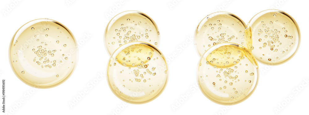 Fotografie Golden oil drop texture with bubble 3d render icon set
