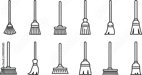 Collection of ten different broom and mop in black outline on white background cleaning tool household