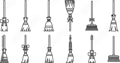 Collection of twelve black outline broom with decorative bows and varied bristle styles broom witch broom