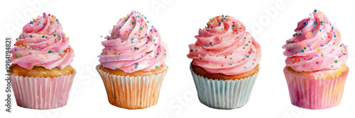 Hand painted watercolor cupcakes with vibrant pink frosting and colorful sprinkles, creating a celebratory and sweet dessert confectionery illustration