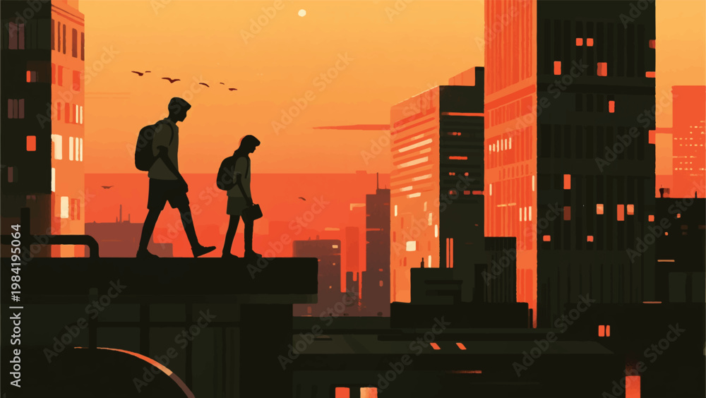 Fototapeta premium Illustration Of People Exploring The Rooftops Of City Buildings With A Sunset View Vector Design Template