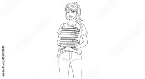 Line Art of a Young Woman Holding Books.