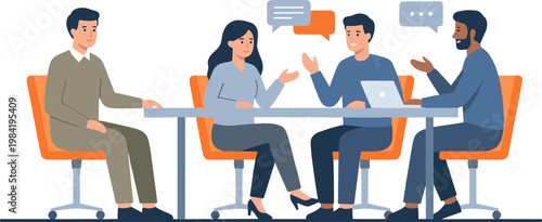 Four people are sitting at a table discussing with laptops and papers