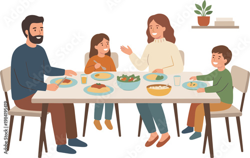 Family gathered around table eating food together at home indoors