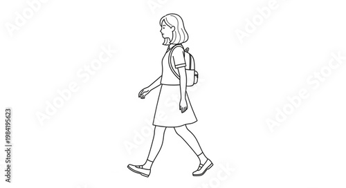 Line Art Illustration of a Young Woman Walking with a Backpack.
