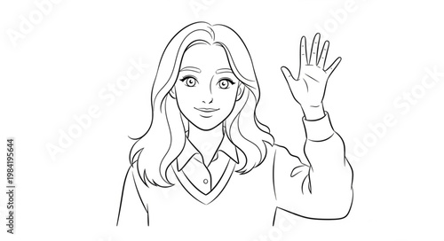 Line Art Illustration of a Young Woman Waving Hello.